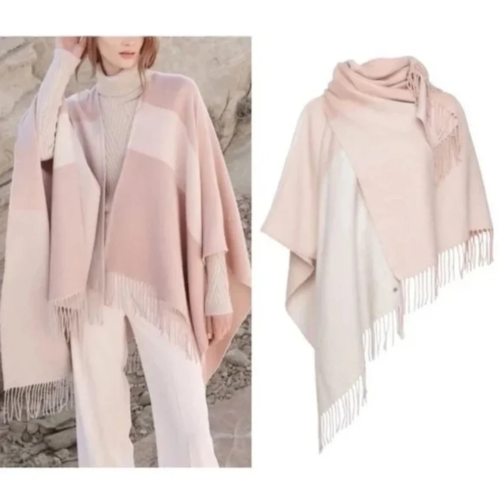 SOIA & KYO • Yadira Woven Scarfigan wrap shawl poncho scarf pink beige fringed